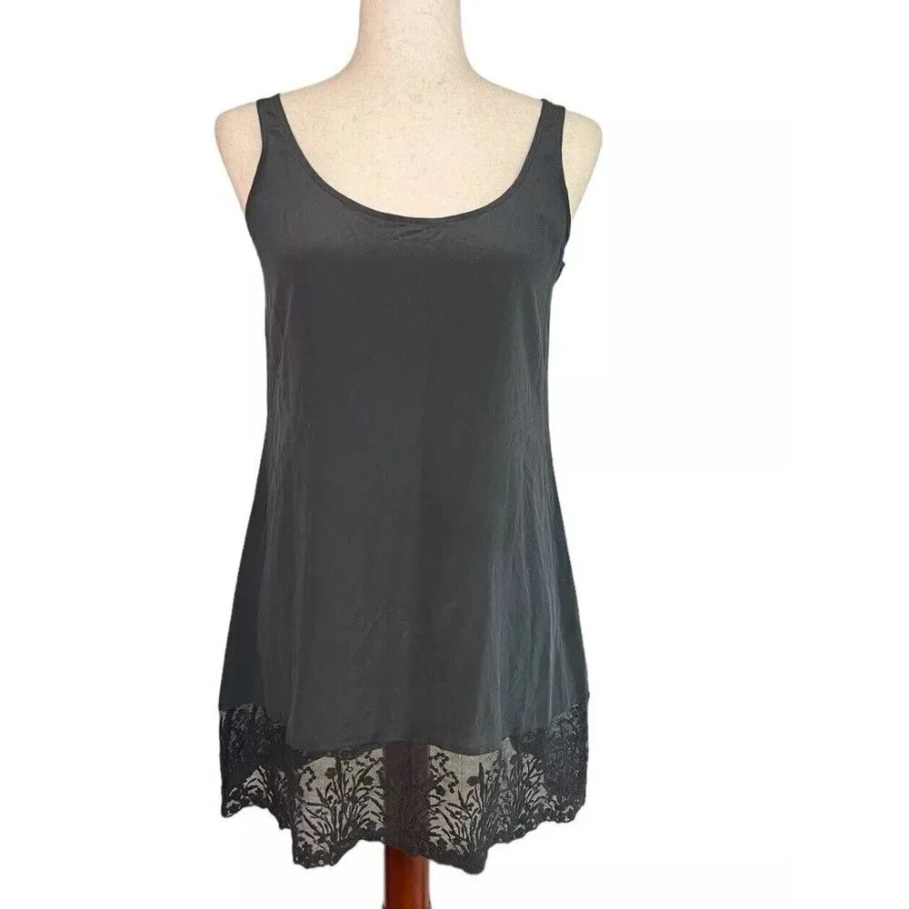 Eileen Fisher Silk Camisole or Minidress in Washed Black - XS - Floral Lace Trim